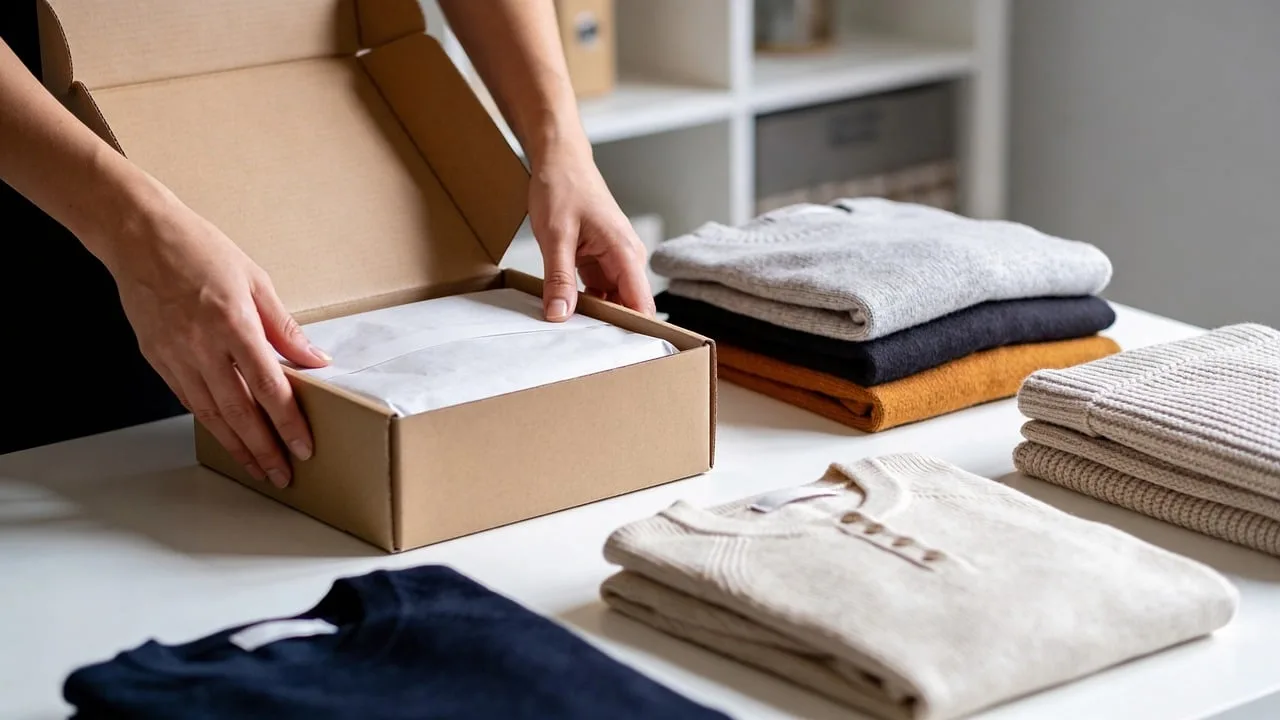 packaging, clothing, folding, box, hands, at home, e-commerce, shipping service, ready to ship, fashion, personal touch, home office, casual wear, office style, premium materials, customer care, tidying up, inventory, clothing delivery